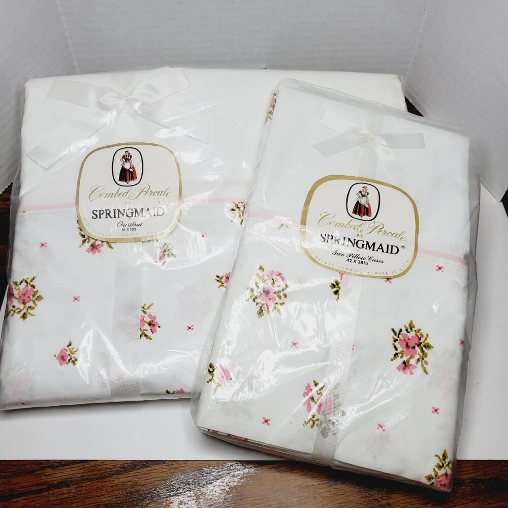 NOS SpringMaid 81”x108” Flat Sheet & 2 Pillow Cases ~ Pink Floral Combed Percale